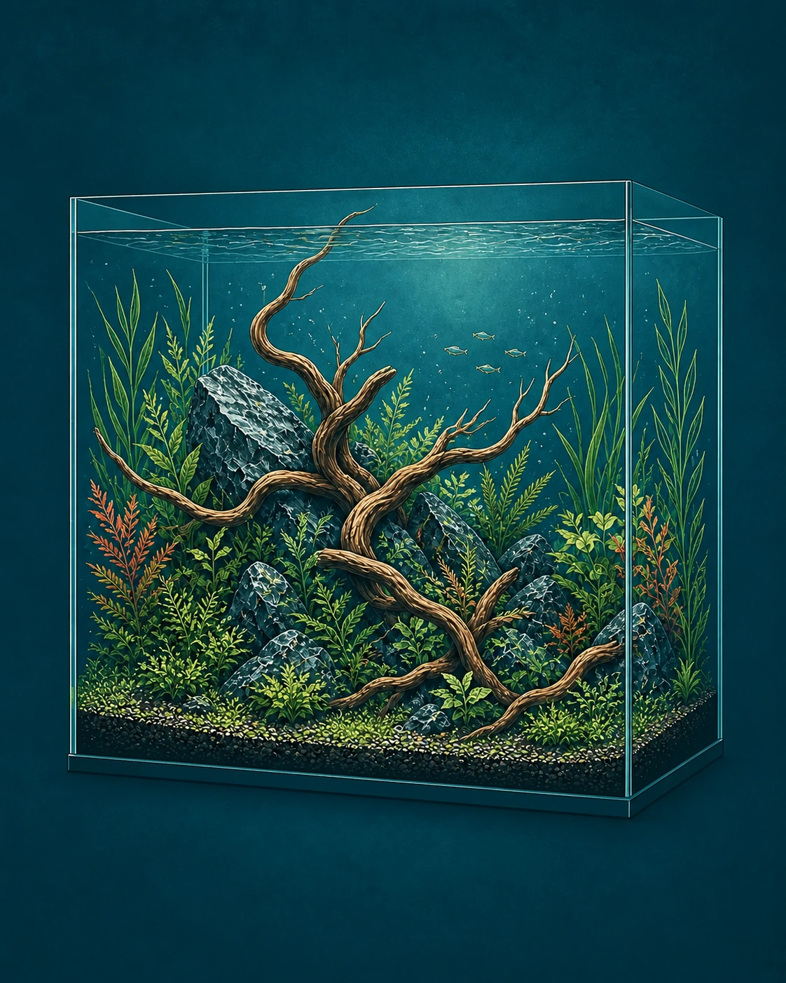 Centered aquarium with dark stone, branching driftwood, and layered live plants on a plain teal background